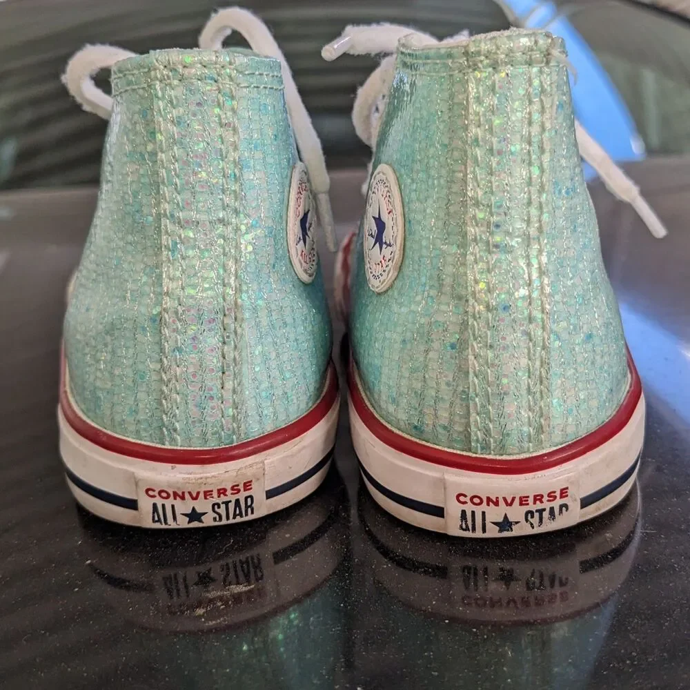 Girls Sz 10 Sequin Sparkle Seafoam Green Converse Chuck Taylor All Star Hi Tops